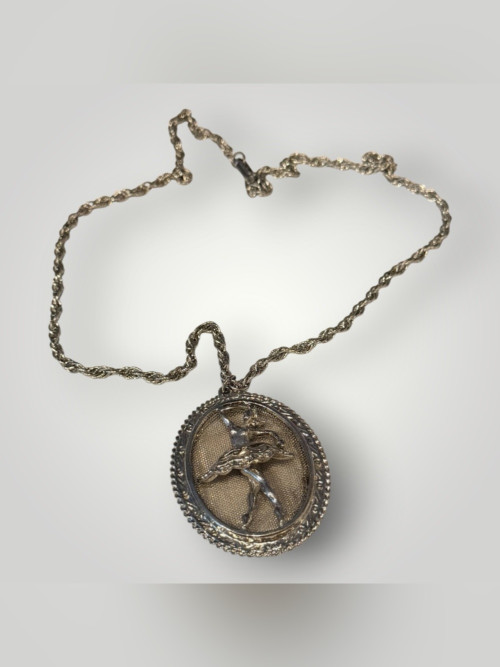 Vintage Silver Tone Ballerina on Mesh Medallion Pendant Necklace